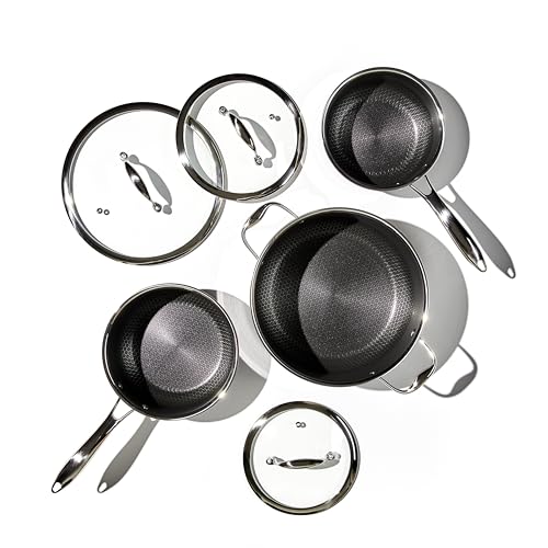HexClad Hybrid Nonstick 6-Piece Pot Set with Trivets, 2, 3, and 8-Quart Pots with Tempered Glass Lids, 2 Silicone Trivets Included, Dishwasher Safe