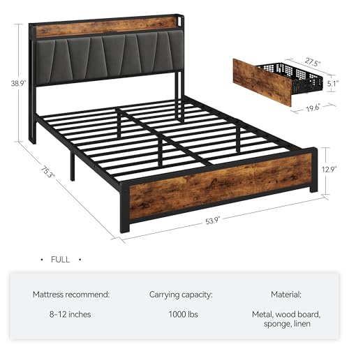 GAOMON Full Size Bed Frame with 4 Storage Drawers and Linen Upholstered Headboard, Full Platform Bed Frame with Charging Station
