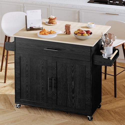 IRONCK Kitchen Island with Storage, Rolling Kitchen Island on Wheels with Drop Leaf, Charging Station, 3 Open Spice Rack, Cabinet, Drawer