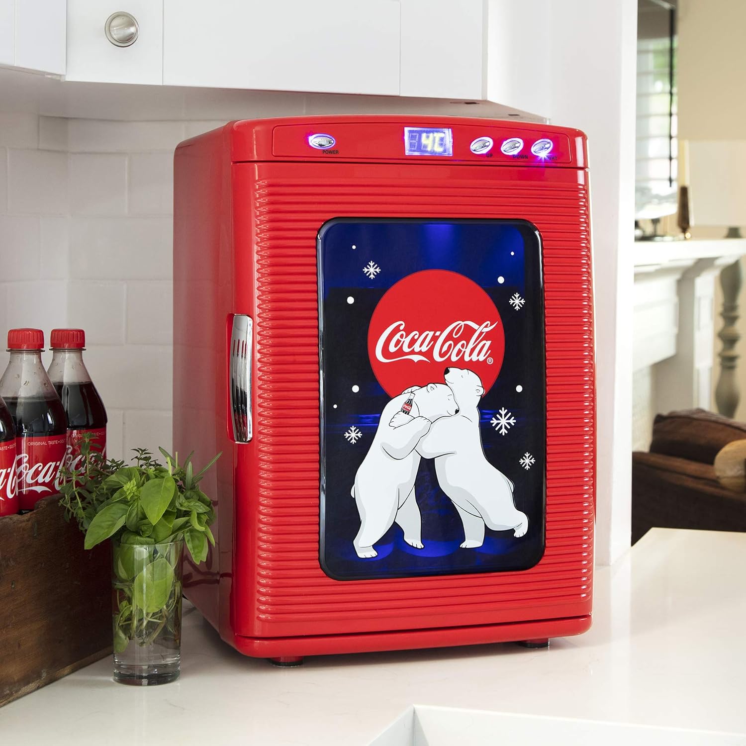 Coca-Cola Polar Bear 28 Can Cooler/Warmer w/ 12V DC and 110V AC Cords, 25L (28 qt) Portable Mini Fridge w/Display Window