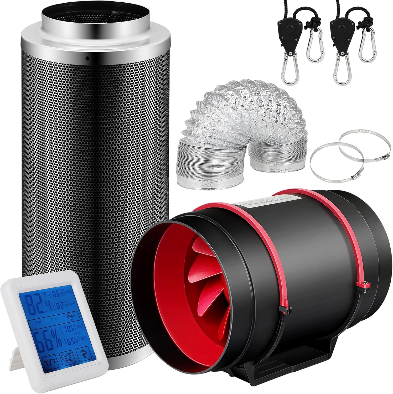 Ventilation Kit 4 inch Inline Fan 182 CFM Ventilation Fan with Temperature Humidity Monitor, 4 inch Air Carbon Filter and 10 feet Ducting