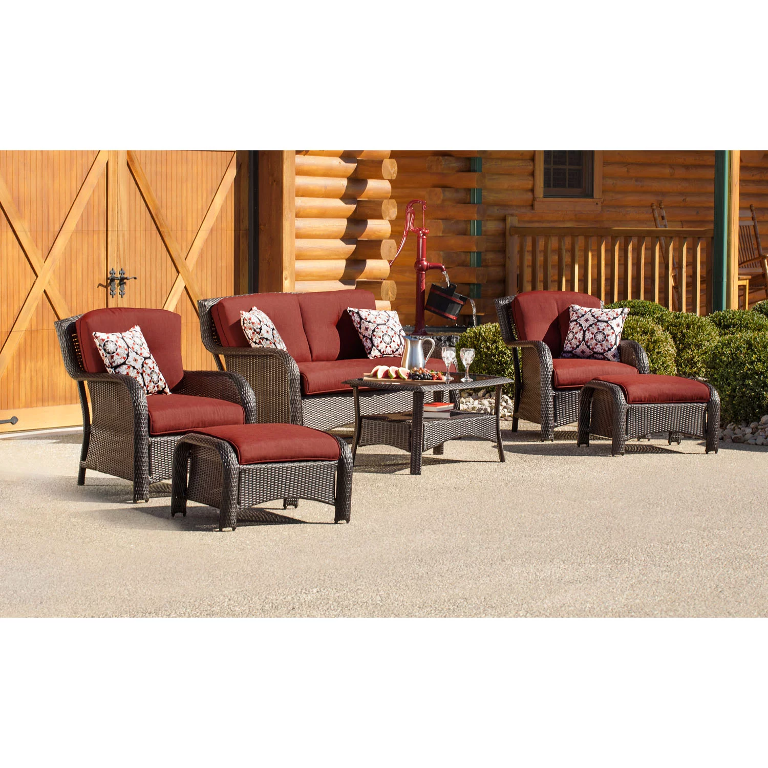 Hanover Strathmere 6-Piece Wicker Outdoor Conversation Set, Crimson Red