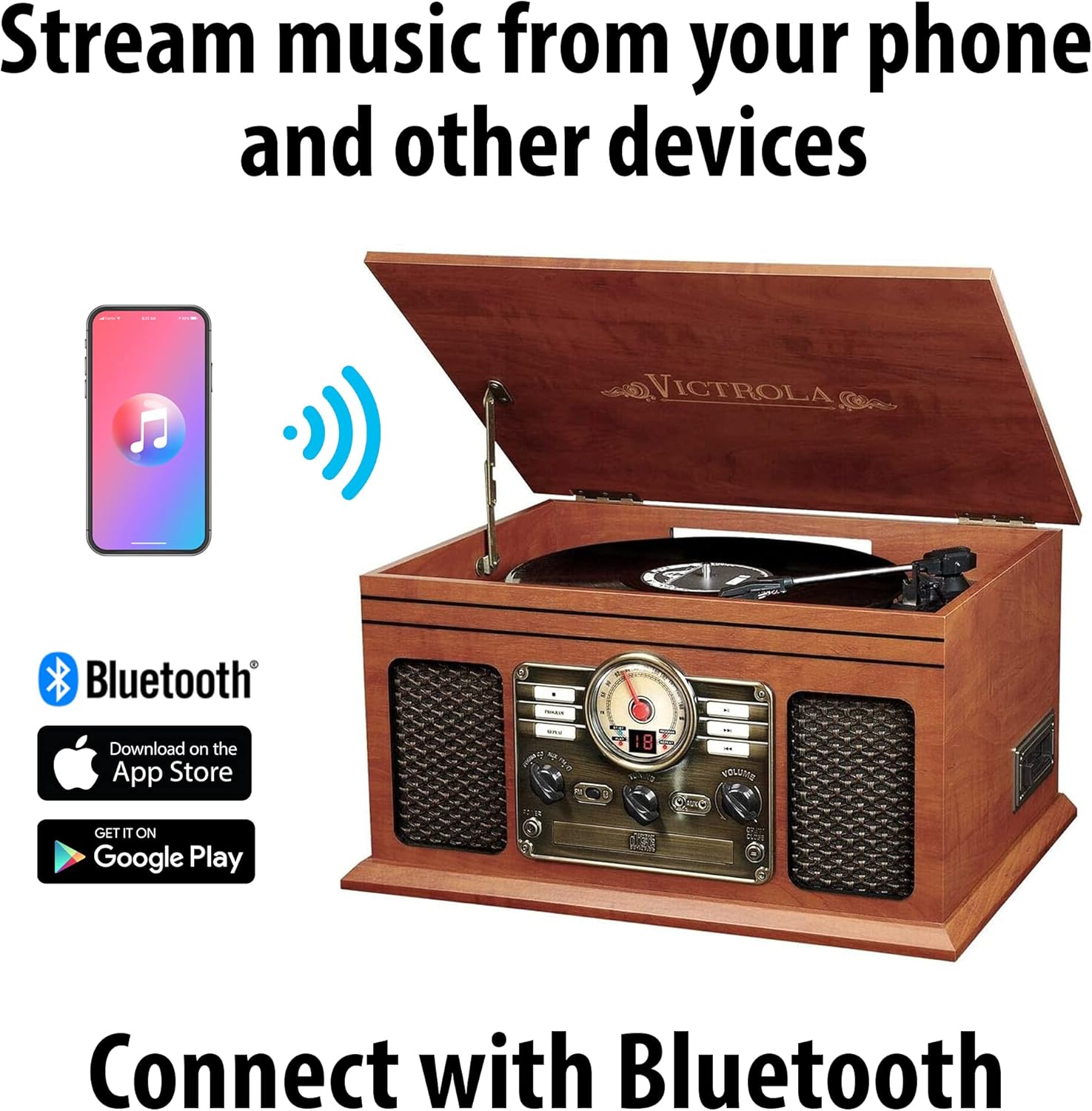 Victrola Nostalgic 6-in-1 Bluetooth Record Player & Multimedia Center + Wooden Stand for Wooden Music Centers with Record Holder Shelf + Wooden