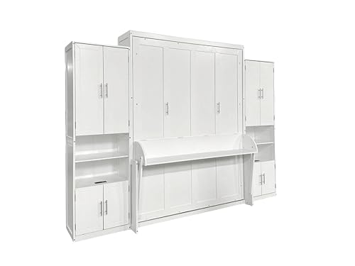 Queen Size Murphy Bed with Desk & Charging Station,Wall Bed Frame Folding into Cabinet Design w/LED & Storage Shelf for Small Space,Bedroom