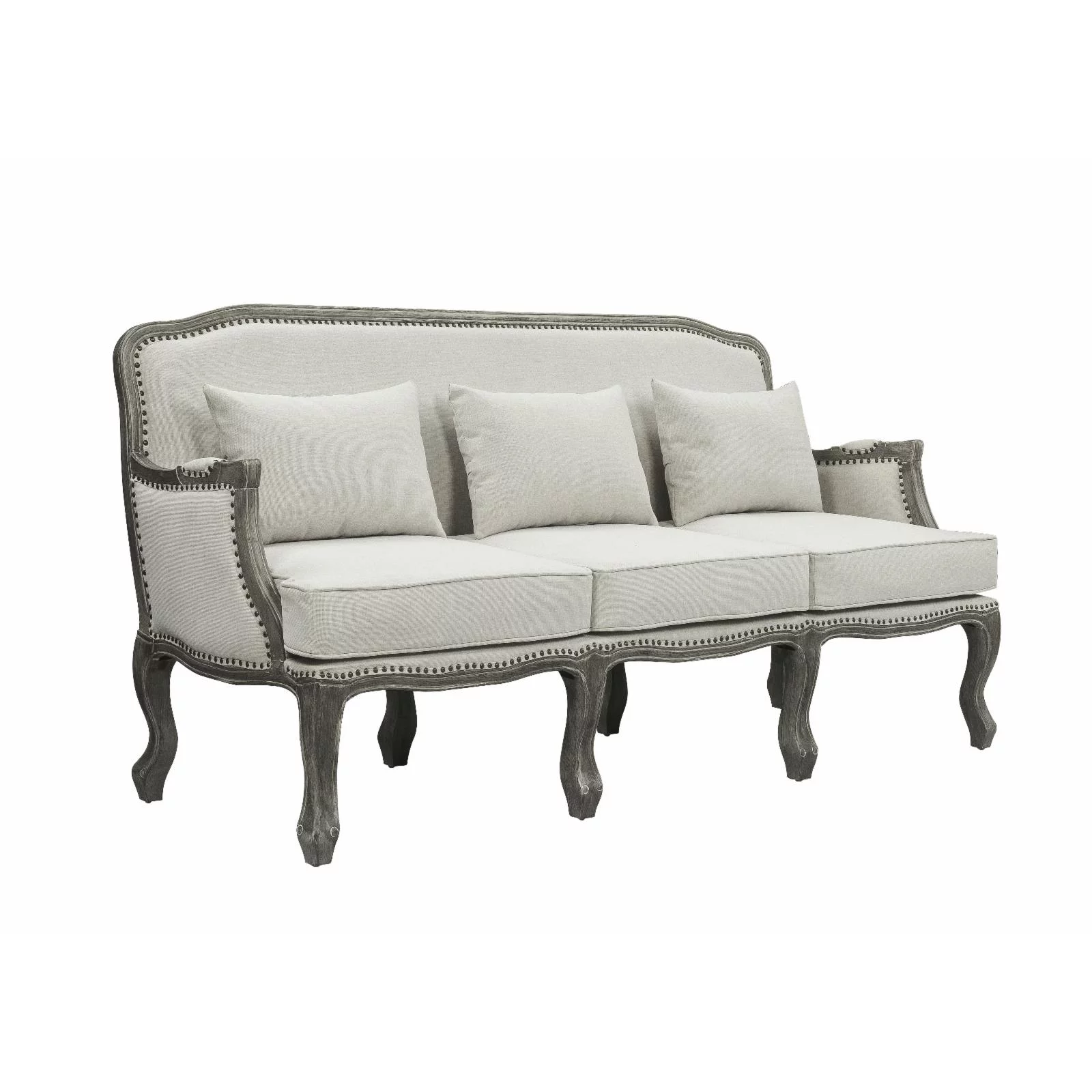 ACME Tania Upholstery Sofa with 3 Pillows in Cream Linen Fabric and Brown