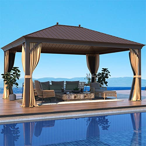 MELLCOM 12'x16' Hardtop Gazebo, Galvanized Steel Metal Double Roof Canopy with Curtains and Netting