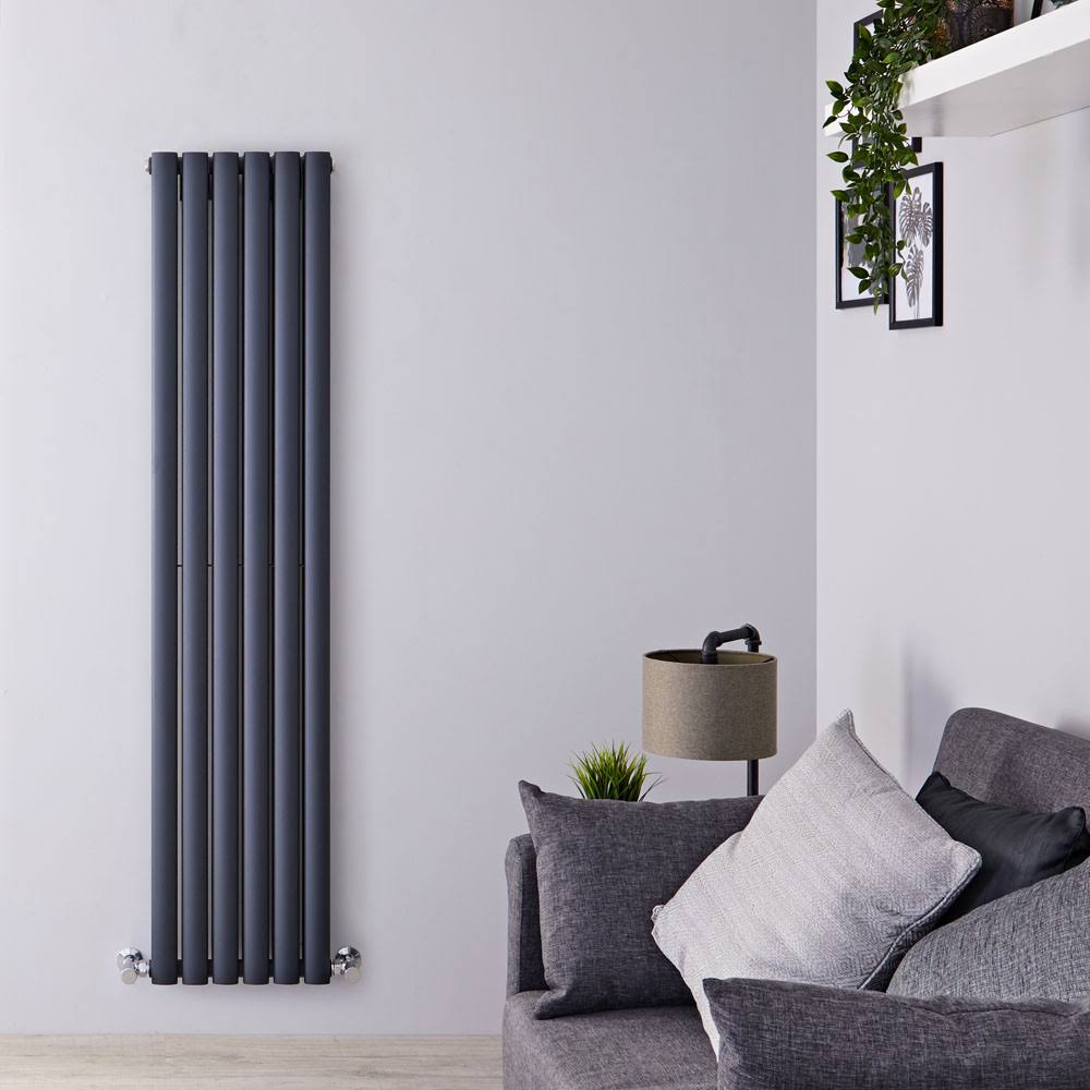 New Hudson Reed Double Panel Anthracite Vertical Designer Hydronic Radiator Warmer 63 Inches x 14 Inches with Minimalist Angled