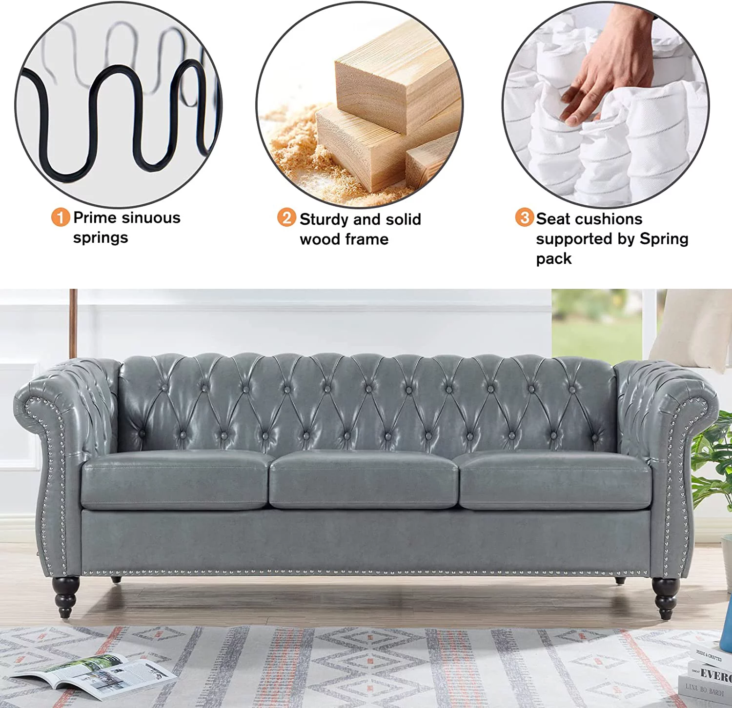 84" Leather Chesterfield Sofas for Living Room, Rolled Arm 3-Seater Large Couch Deep Button Nailhead Tufted Upholstered Couches for Bedroom