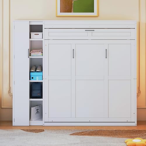 Queen Size Murphy Bed Wall Bed with Desk and Closet,Drawers and Shelves,for Small Spaces Studio Study Office Guest Room Use (Gray#Desk, Queen)
