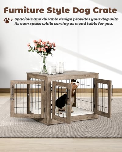 Dog Crate Furniture, 32 inch Medium Dog Crates with Bed Mat, Wooden Dog Kennel Furniture, End Side Table Dog Cage with 3 Doors, Greige