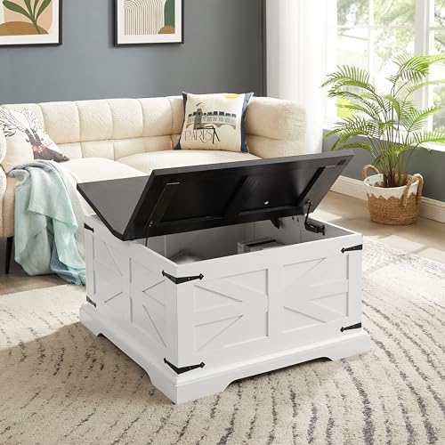 Goujxcy Farmhouse Lift Top Coffee Table, 31.5" Square Wood Center Table with Hidden Storage Compartment for Living Room