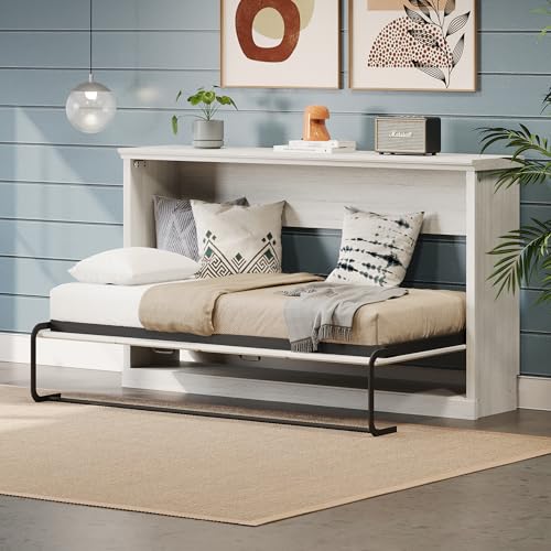 SOFTSEA Twin Size Murphy Bed with 2 Side Cabinet Storage Shelf, Horizontal Murphy Bed with Bookcase