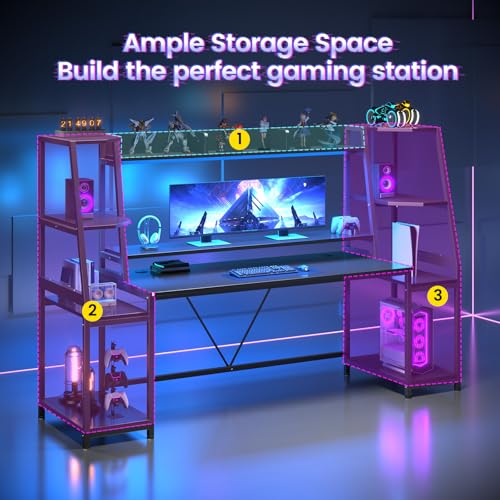 SEDETA Gaming Desk 78.8'' with LED Lights, Hutch and Storage Shelves, Computer Desk with Monitor Stand, Large PC Gamer Desk Workstation