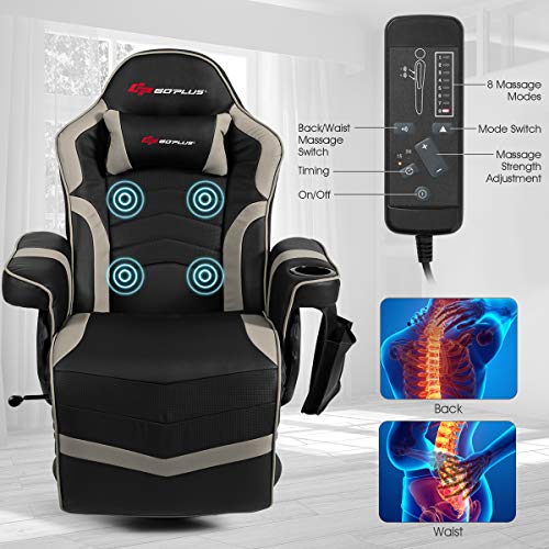 Goplus Massage Gaming Chair, Racing Style Gaming Recliner w/Adjustable Backrest and Footrest