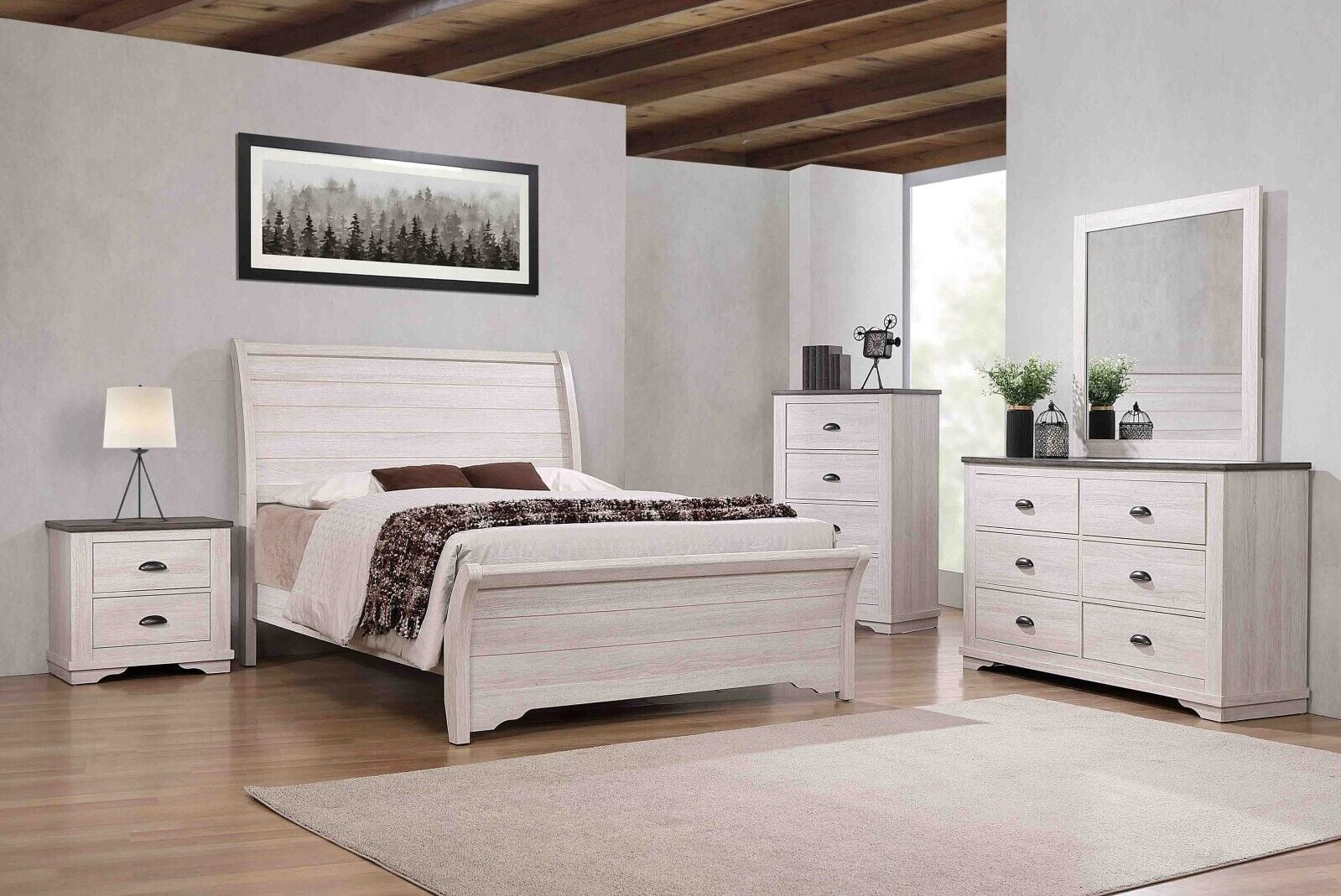 3Pc Rustic Chalk Finish King Size Bed Chest Nightstand Set Solid Wood Bedroom Furniture