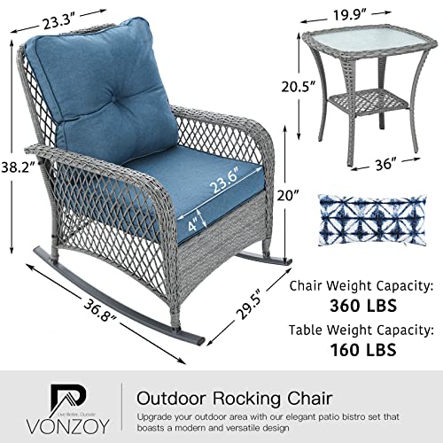 Patio Furniture Set 3 Pieces, Wicker Rocking Bistro Set with Thick Cushions, Outdoor Rocker Chairs and Coffee Table for Porch