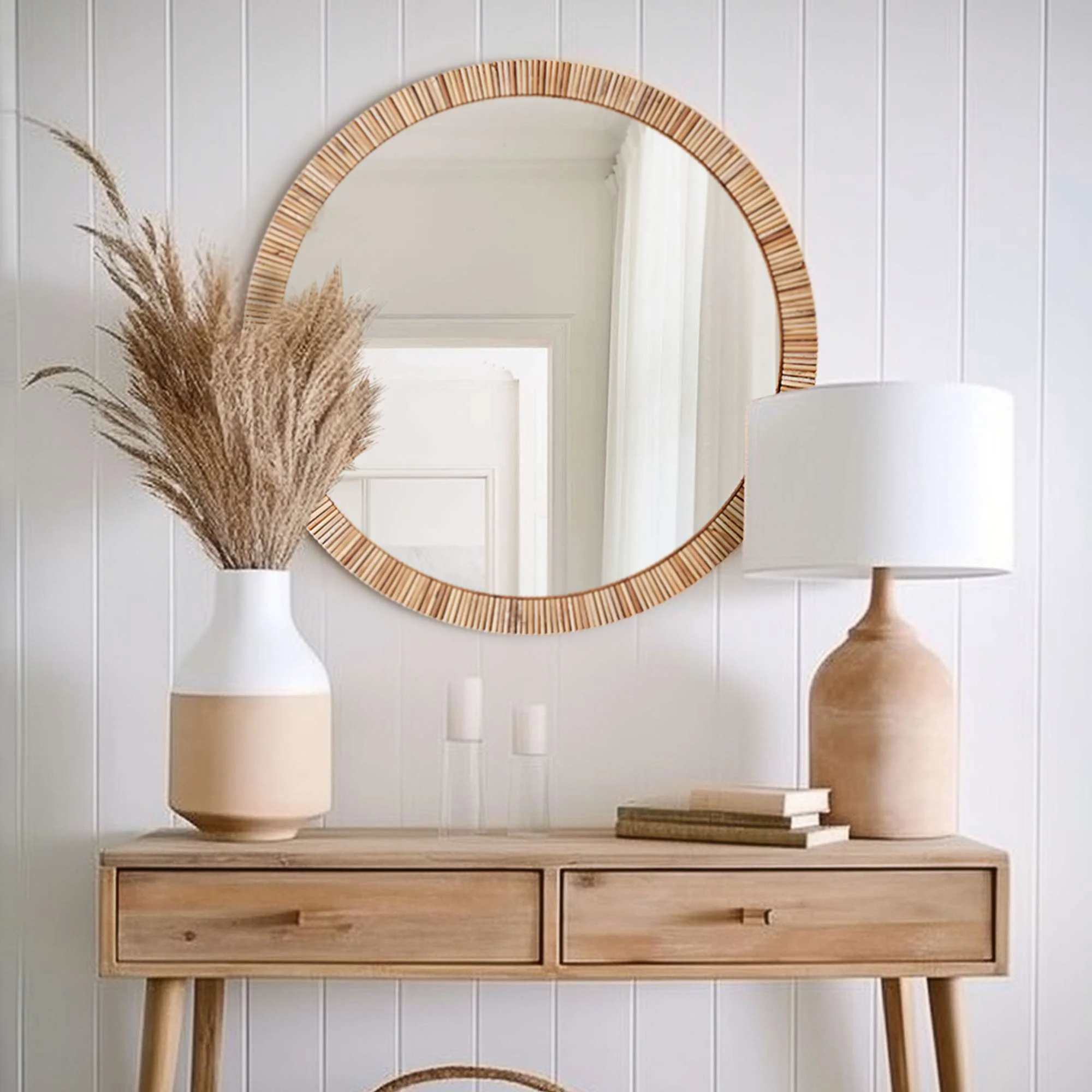 25.5" Rattan Round Bathroom Mirror - Boho Mirror for Nursery Wall Decor - Handmade Wicker Rattan Mirrors for Wall with Rustic Design