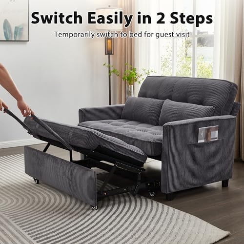 Sleeper Sofa Bed, 52‘’ Convertible Pull Out Couch with Small Table| USB Port | Side Pockets | Corduroy Fabric | Adjustable Backrest for Apartment