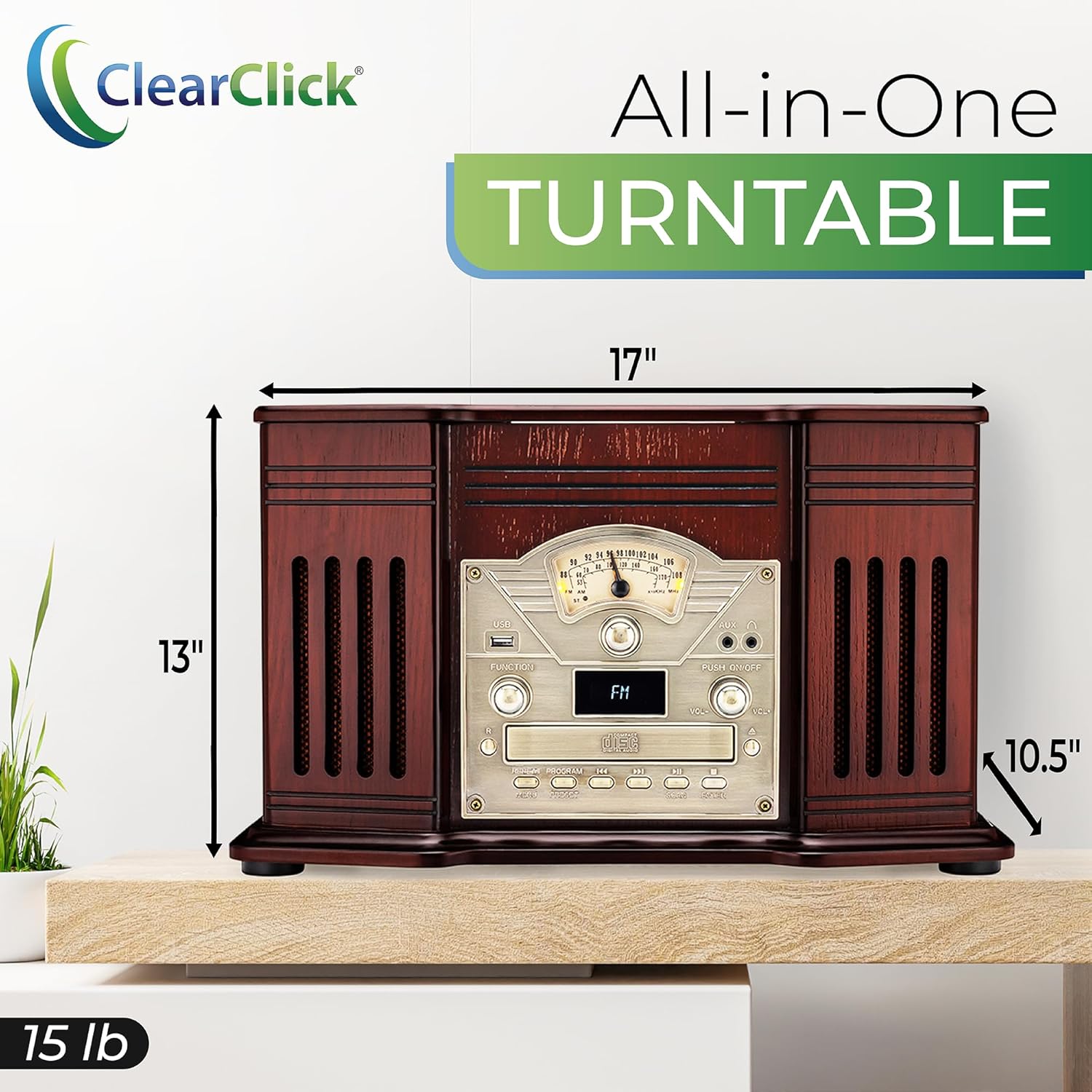 ClearClick All-in-One Turntable with 3-Speed Record Player, Bluetooth, CD, Cassette Tape, AM/FM Radio, Aux, USB, Built-in Speakers