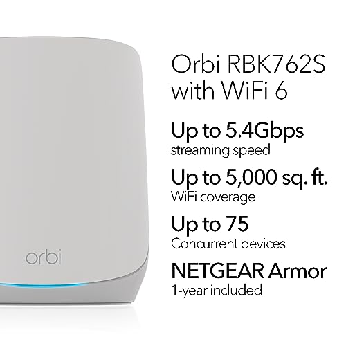 NETGEAR Orbi Whole Home Tri-Band WiFi 6 Mesh Network System (RBK663) &ndash; Router with 2 Satellite Extenders, Security Features, Coverage up to 6