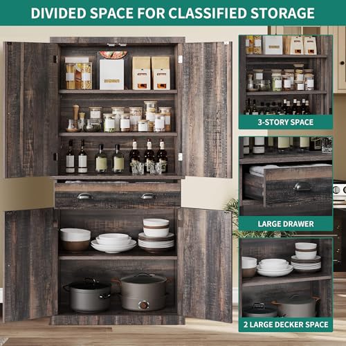 YITAHOME 72'' Tall Kitchen Pantry Cabinets, Farmhouse Storage Cabinets with Barn Doors, Drawer ＆ Adjustable Shelves