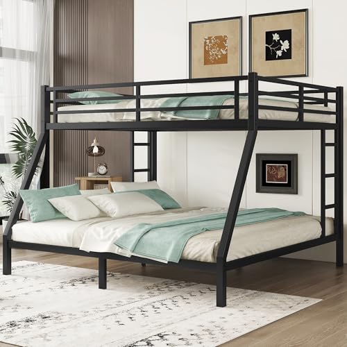 Heavy Duty Bunk Bed Frame with Ladder, Twin XL Over Twin XL Bunk Beds with Safety Guardrails, Adults Bunk Beds with Noise-Reducing Rubber Stoppers