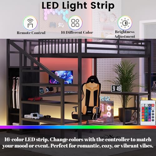 Full Size Loft Bed with Desk and Stairs, Heavy-Duty Steel Loft Bed Frame with Wardrobe & LED Light