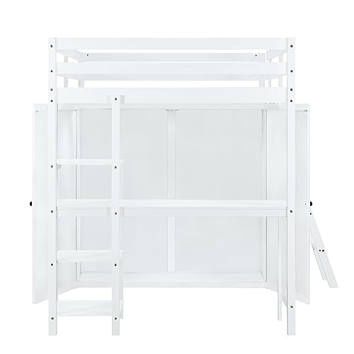 Harper & Bright Designs Full Size Loft Bed with Wardrobe and Desk, Solid Wood Loft Bed Frame with Storage, for Kids Teens Adults (Full Size, White)