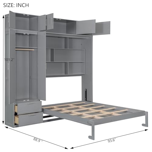 Merax Queen Size Murphy Bed with Top Cabinet, Shelves and Wardrobe, Fold into The Wall, Multifunctional Foldable Platform Bed Frame for Bedroom