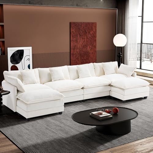 Ihanherry 111.4" U Shaped Modern Cloud Sofa Modular Sectional Couch with 2 Ottoman, 5-Seat Chenille Deep Seat Sofa with Pillow for Living Room