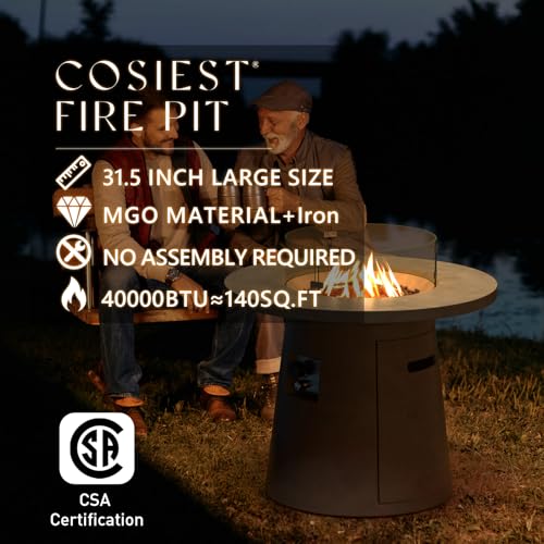 COSIEST Outdoor Propane Concrete Fire Pit Table w Imitation Stone Surface 32-inch Round Fire Table, CSA Certified, 40,000 BTU Stainless Steel Burner
