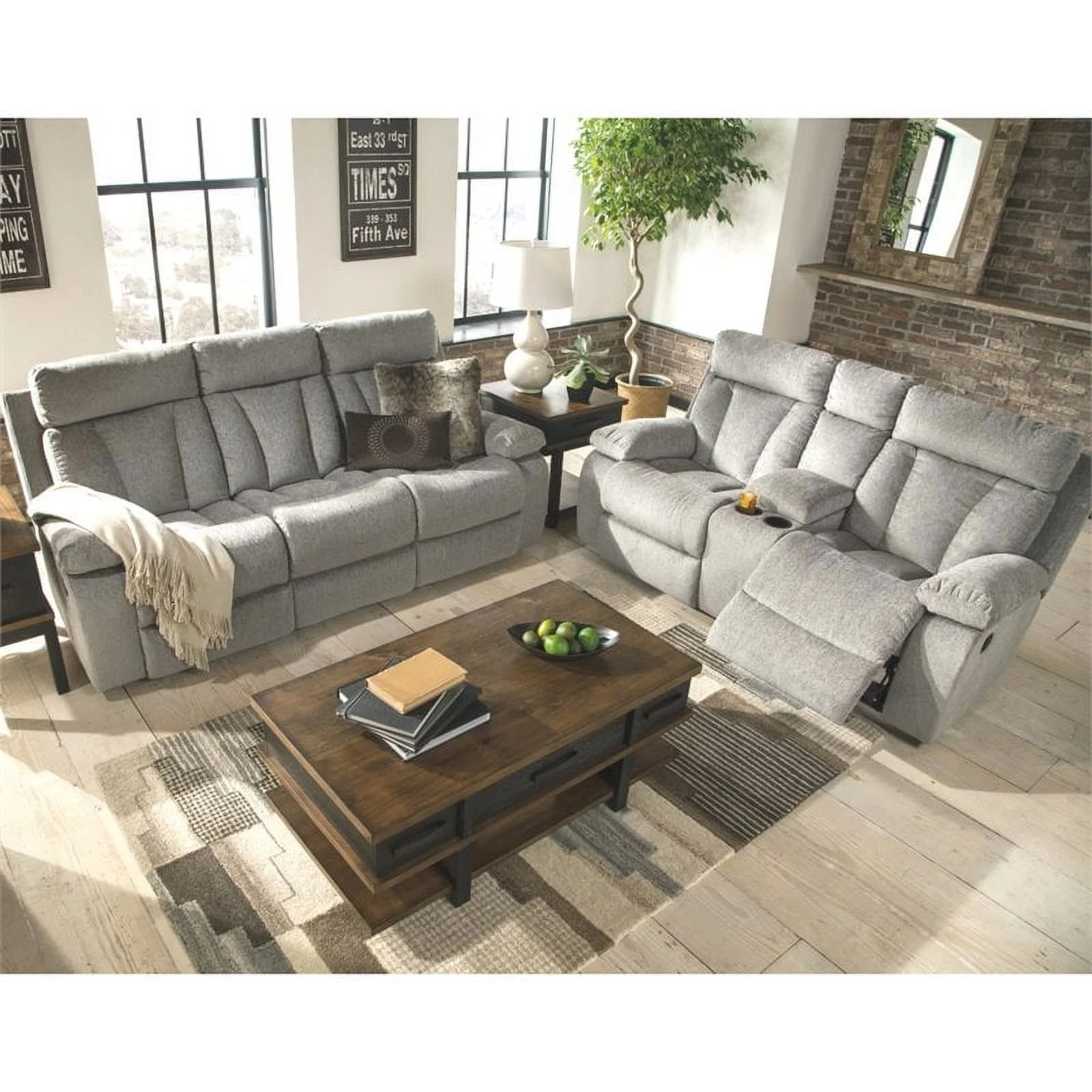 Bowery Hill Contemporary Reclining Loveseat with Console in Fog