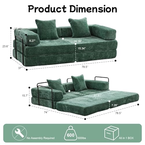 Convertible Floor Sofa Bed, Foldable Mattress Cloud Couch with Pillow Back & Armrest, Chenille Sleeper Sofa Bed with Fixed-Shape Frame