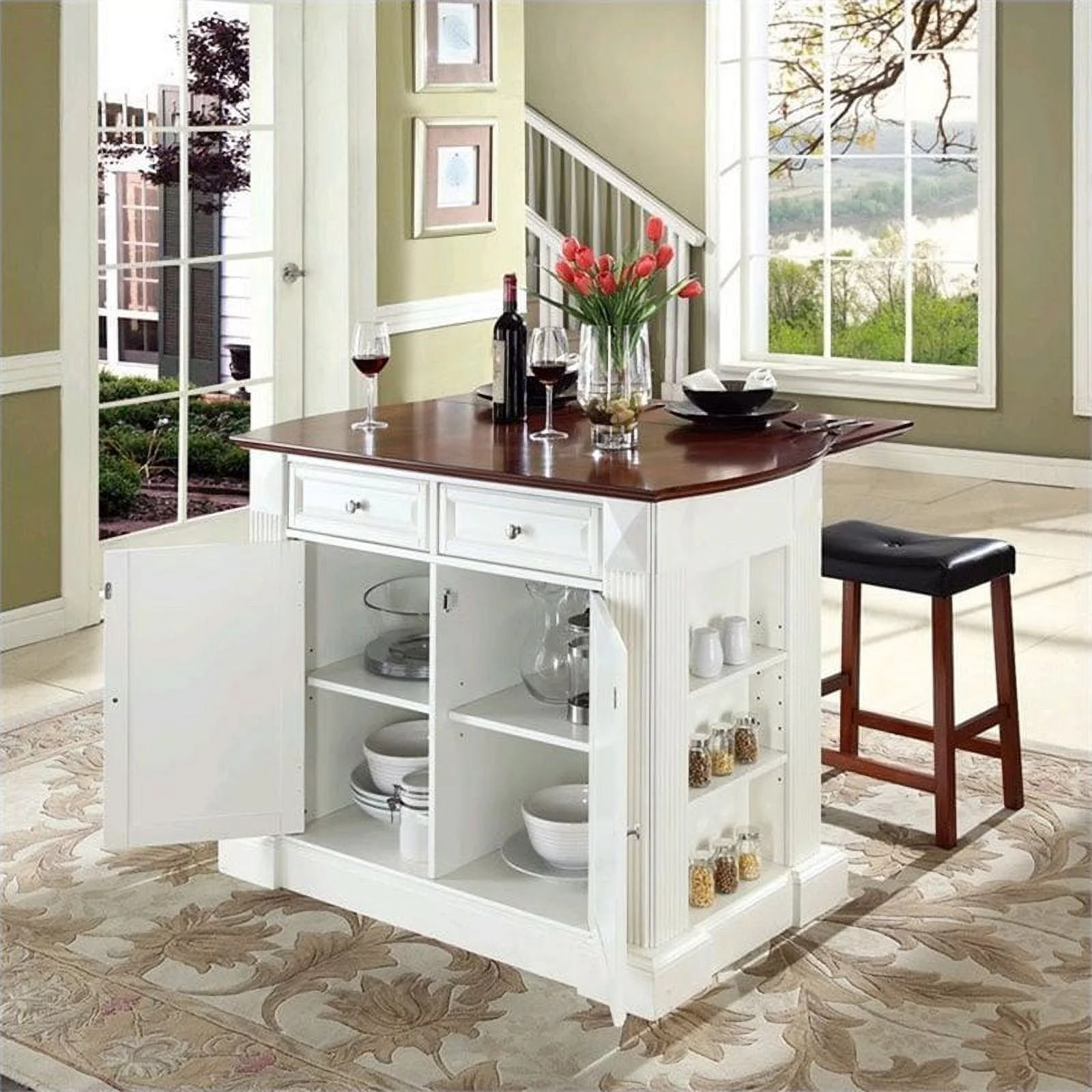 Pemberly Row Wood Drop Leaf Breakfast Bar Kitchen Island with Stools in White