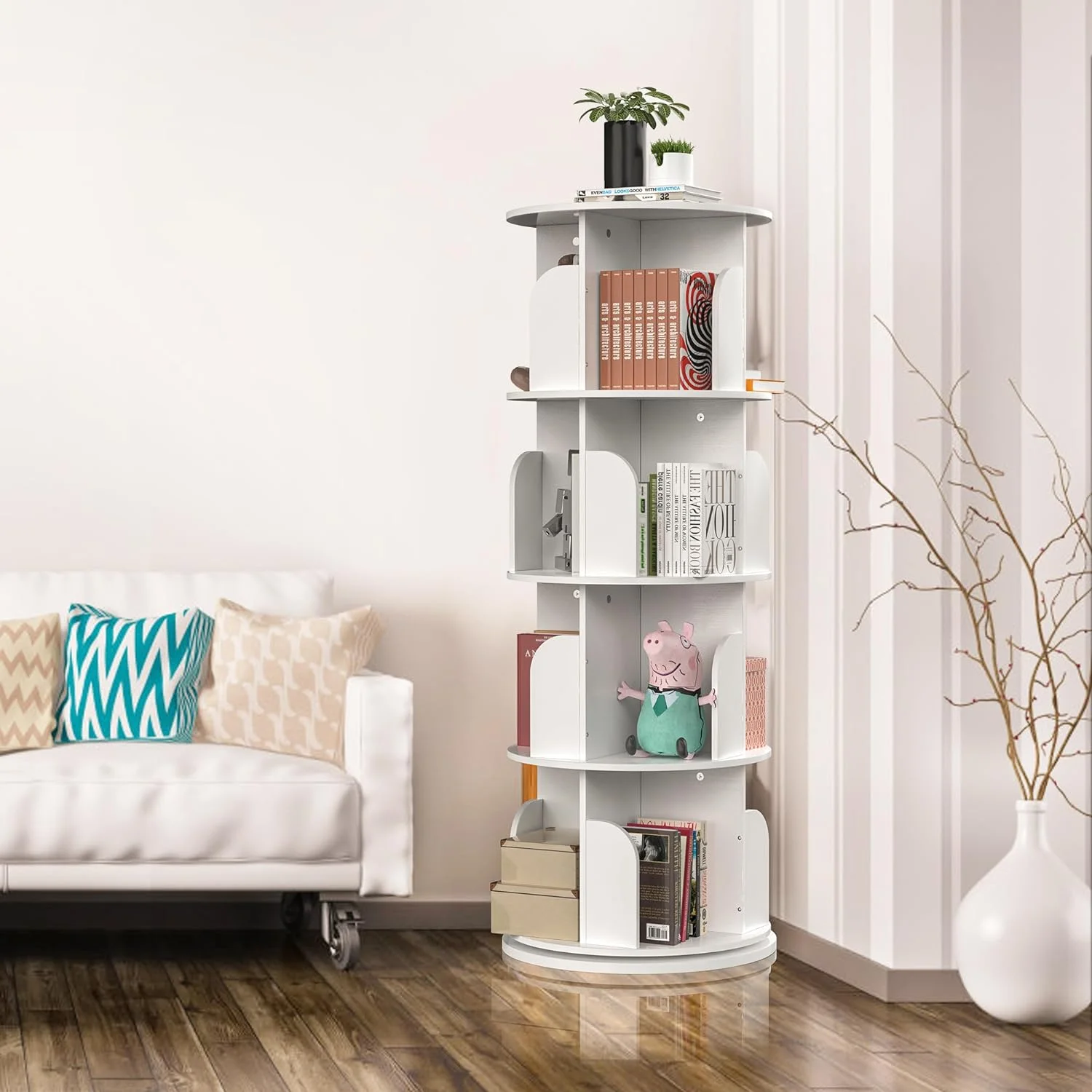 Rotating Bookshelf, Small Bookshelf for Small Space, 360 Display 4 Tier Floor Standing Bookcase Storage Rack