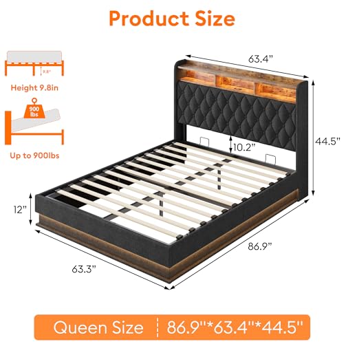 Queen Bed Frame with Storage - Lift Up Queen Size Bed Frame with Headboard, Upholstered Platform Bed with LED Lights & Charging Station