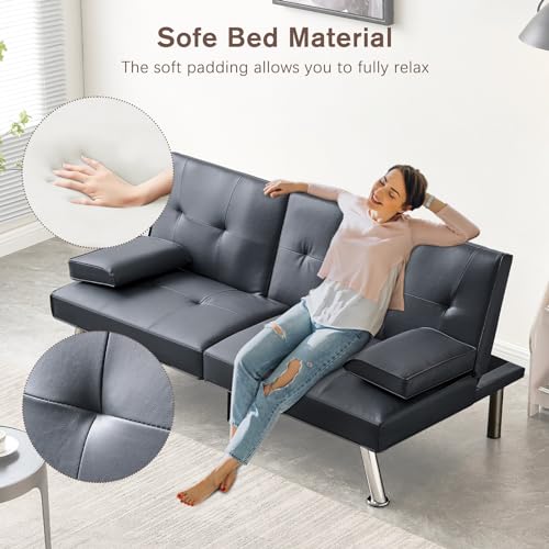 Faux Leather Convertible Folding Futon Sofa Bed with 2 Cup Holders, Sleeper Couch Bed with Removable Armrests, Metal Legs