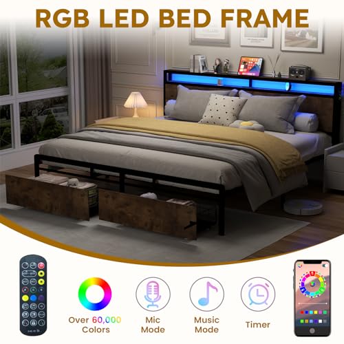 Full Size Bed Frame with Headboard, LED Platform Bed with 4 Storage Drawers, Built in Charging Station, Noise-Free, Metal Support Base