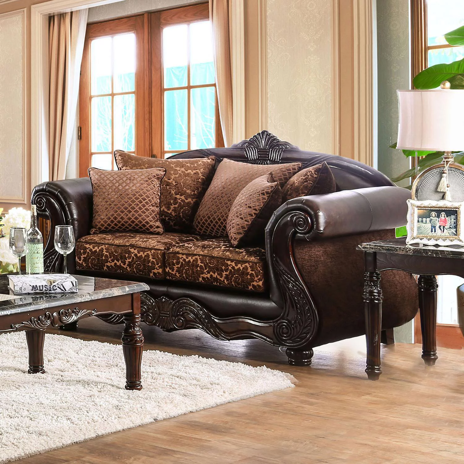 Traditional Black & Tan Chenille Sofa and Loveseat Furniture of America Theodora