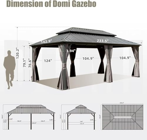 Domi 10’ x 10’ Hardtop Gazebo Metal Frame Canopy with Netting & Curtains