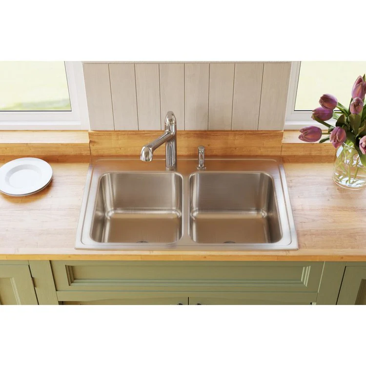 Kitchen Sink Lustertone Classic 33 x 22 Inch Double Bowl Equal with Perfect Drain 4 Hole Lustrous Satin Drop-In 10-1/8 Inch