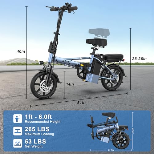 NAVIC Electric Bike for Adults, 14'' Adults Electric Bicycles, Peak 750W Folding Ebike with 499.2/749Wh Removable Battery, Max Speed 22mph