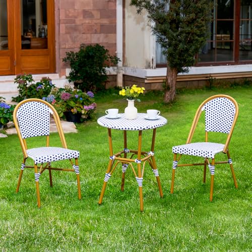 3 Piece Patio Bistro Set, French Wicker Outdoor Bistro Set with Round Table and 2 Dining Chairs, ‎Aluminum Furniture