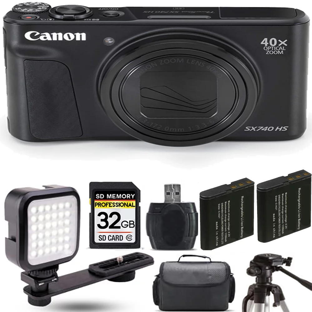 Canon PowerShot SX740 HS Digital Camera (Black)+ Extra Battery + LED - 32GB Kit - Curated Treasures Market