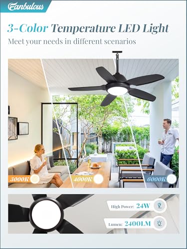 42 Inch Waterproof Outdoor Ceiling Fan with Lights and Remote,IP65 Hanging Gazebo Fan with 3CCT 6-Speed DC Motor