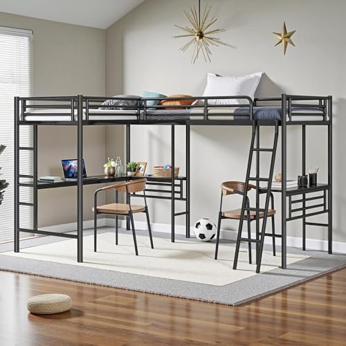 Twin Size L-Shaped Loft Bed with 2 Built-in Desks, Metal Loft Corner Bed with 2 Ladders and Safety Guard Rail
