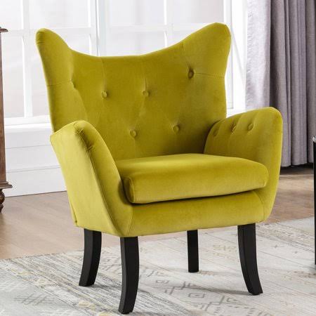 LUXMOD Velvet Wingback Accent Chair Armchair Modern Tufted Button Vanity Chair with Wooden Legs for Living Room Bedroom-Avocado,