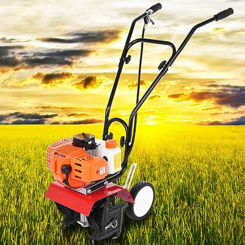 Rototiller Gas Powered 2 Stroke with 1.2L Fuel Tank, 52cc 9000RPM Tiller Cultivator with 7.8-Inch Width, 6-Inch Depth Work