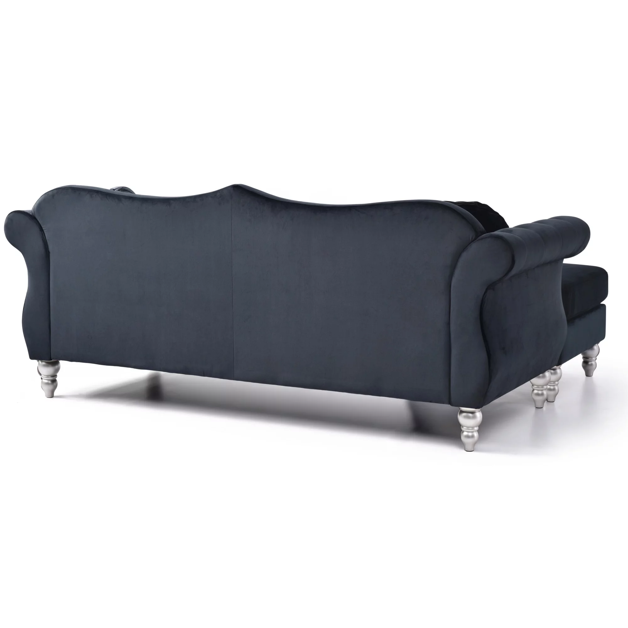 Passion Furniture Hollywood 81 in. Black Velvet Chesterfield Sectional Sofa with 2-Throw Pillow