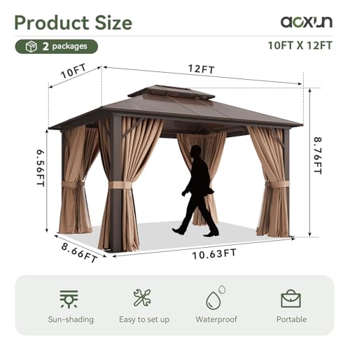 Aoxun 12'x10' Hardtop Gazebo, Aluminum Frame Permanent Pavilion with Curtains and Netting, Outdoor Polycarbonate Double Roof Canopy